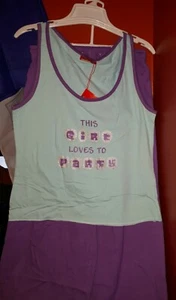 Damen Party Mädchen Spruch Pyjama Weste Top & Hose Größe M 12-14 blau lila - Bild 1 von 2