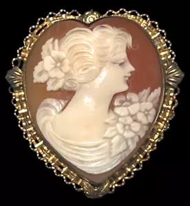 Antik/Vintage geschnitzte Kamee Frau & Blumen herzförmige Anstecknadel Anstecknadel Brosche - Bild 1 von 7