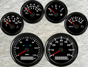 6 Gauge Set with Senders 120MPH Speedometer Tacho Fuel Temp Volt Oil Black 9-32V - Picture 1 of 8