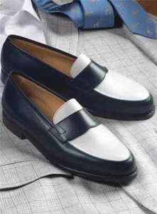 Handmade Men Two Tone Penny Loafer Shoes Moccasins Blue and White Dress Shoes - Picture 1 of 4