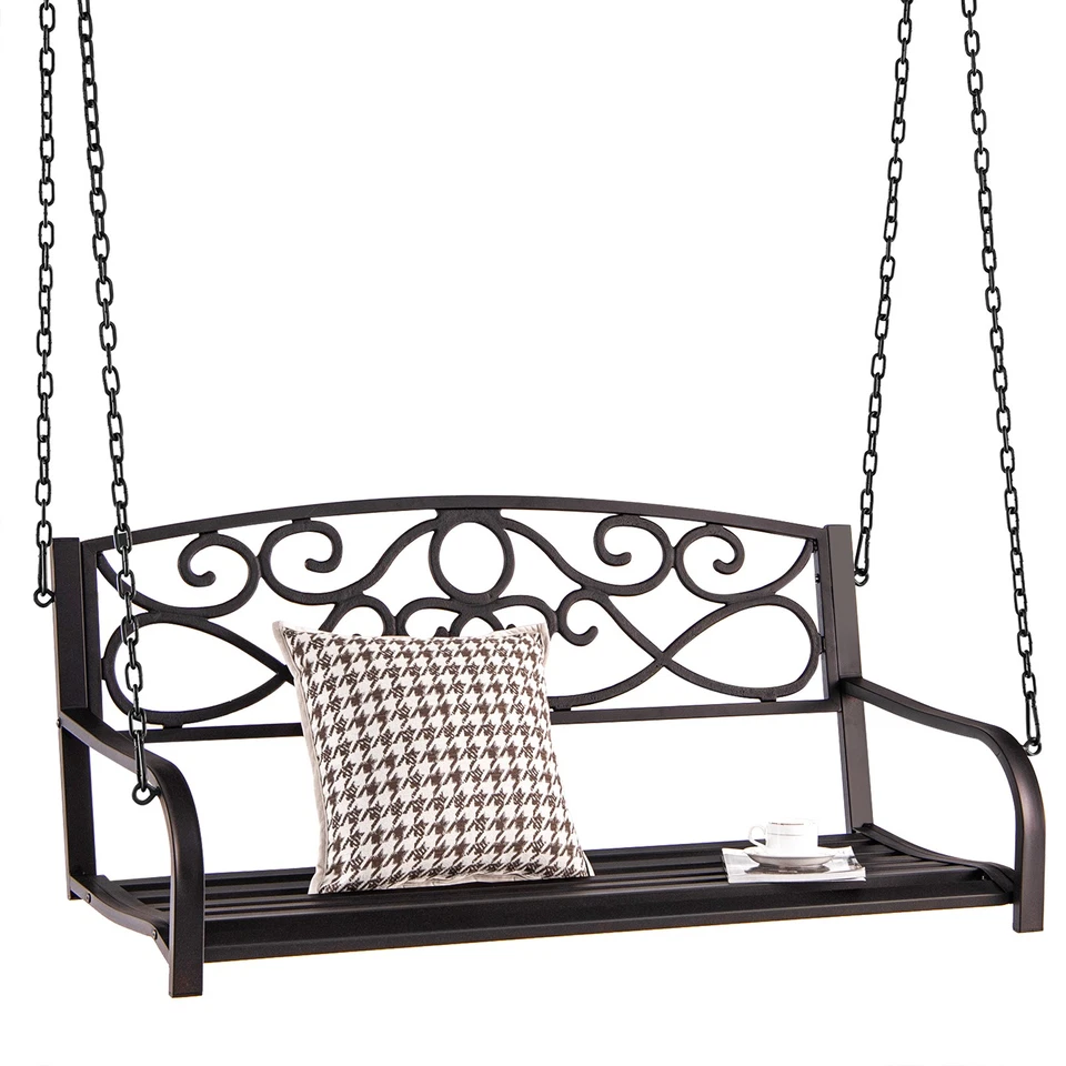Outdoor 2-Person Metal Porch Swing Chair with Chains-Brown - Color Brown