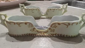 2 Vintage Hand Painted Green Gold Ceramic Spoon Fork Stacking Caddy Chinoiserie  - Picture 1 of 7