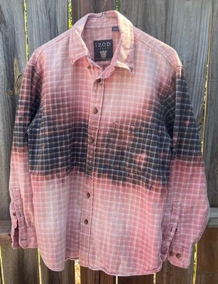 Unisex Bleached Flannel Distressed Faded Buttonup Shirt Size L Pink/Brown/Black - Image 1 of 4