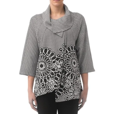 JOSEPH RIBKOFF 柔软针织十字绣花卉夹克 8 码圆领黑色白色 — 第 1/4 张图片