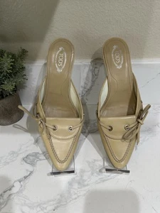 Tod’s Tan Leather Slide small Heel Mules woman's Size 7.5 M - Picture 1 of 6