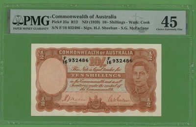 AUSTRALIA 10 SHILLINGS ( 1939 )  PICK  # 25a  PMG 45 CHOICE EXTREMELY FINE. - Image 1 of 2