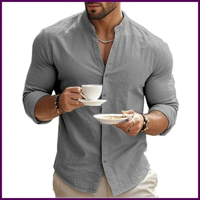 Camisas Henry Para Hombre Algodón Lino Calce Ajustado Causal Hawaiano Color Sólido Estilo Básico Foto 1 de 4