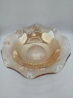 Vintage Iridescent Amber Depression Glass Bowl – Scalloped Edge Floral Pattern 9 - Image 1 of 4
