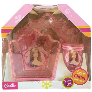 Barbie 3-piece Pink Glitter Dinnerware Set Plate Bowl & Tumbler for Mealtime - Picture 1 of 3