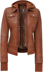NWT $190 SZ MEDIUM Decrum Hooded Leather Jacket Women Real Lambskin LEATHER - Picture 1 of 6