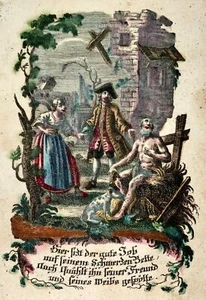 1730 Prophet Job, devotional holy card Johann Michael Motz, original hand colour - Picture 1 of 2