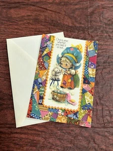 Vintage Birthday Greeting Card Bonnet Girl Puppy Bath Quilt Edge - Picture 1 of 5
