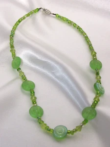 Vintage Iridescent Lime Green Blue Shells and Beaded Necklace 16" - Picture 1 of 6