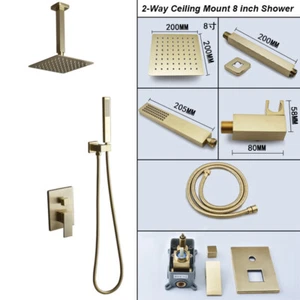 3 Size Ceiling Mount 2-Way Brushed Gold Shower Faucet Mixer Valve Hand Spray Set - Picture 1 of 15