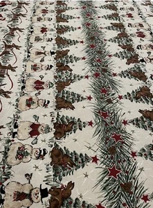 Christmas Tablecloth Rustic Handpainted Look Santa Reindeer Trees Birds 102x59” - Picture 1 of 7