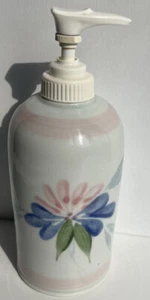 Vintage Handmade Stoneware Pottery Soap Dispenser Signed Blue & Pink 7” Tall - Picture 1 of 7
