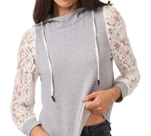 1.State Lace Sleeve Hooded Sweatshirt Gray Size Small - Picture 1 of 1