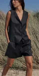 Nuevo con etiquetas Pantalones Cortos Massimo Dutti Lino Negro Carga Bermudas Plisadas Frontales Agotados $99 - Imagen 1 de 5