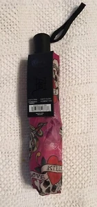 ED HARDY COMPACT UMBRELLA SKULL HEARTS ❤️ Love Kills Slowly Auto Open PINK NWT - Picture 1 of 3