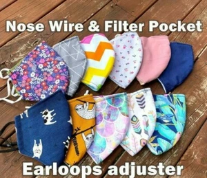 Washable Cotton Face Mask with nose wire and filter pocket Reusable Mask Adult - Picture 1 of 35