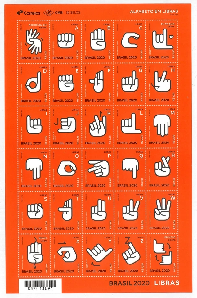 Brazil 2020 Sign Language Alphabet A-Z Sheet of 30 Stamps Mint Unhinged - Image 1 of 1