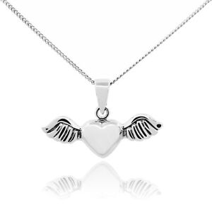 925 Sterling Silver Winged Heart Pendant Rhodium Plated Necklace Charm Women's
