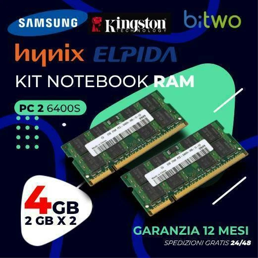 KIT RAM Varie Marche 4 GB  PC2 DDR2 SODIMM notebook portatile 6400S 666 2gb x 2 - Immagine 1 di 1
