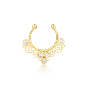 Piercing 18k Solid Yellow Gold Cubic Zircon Tribal Septum Ring Nose Ring Fake - Picture 1 of 7
