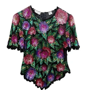 Vintage LAURENCE KAZAR Top Women’s Sequined Multicolor Floral Silk Lined Size XL - Picture 1 of 7