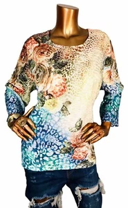 Alfred Dunner 1X Plus Top Stretch Studded Blouse Multi Print 3/4 Slv Crew Neck - Picture 1 of 10