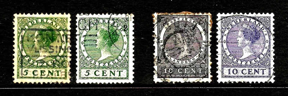 4x Nederland Queen Wihelmina, 1924 5 & 10c, 2x Different Shades, FU - Image 1 of 2