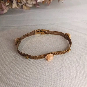 Vintage Goldette Mesh Bracelet Gold-Tone Faces & Pink Roses Nice Clasp Jewelry  - Picture 1 of 13