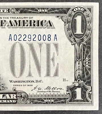 Crispy 1928 1 One dollar Funnyback Silver Certificate LEAP YEAR NOTE A02292008A - Image 1 of 3