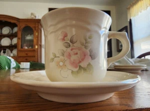 Tea Rose Cup & Saucer Set Pfaltzgraff Genuine Stoneware White Pink Blue ! - Picture 1 of 24