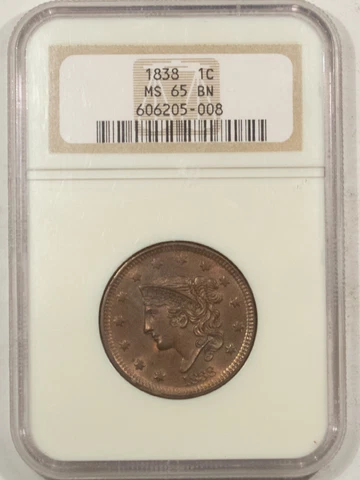 1838 CORONET HEAD LARGE CENT - NGC MS-65 BN Cover