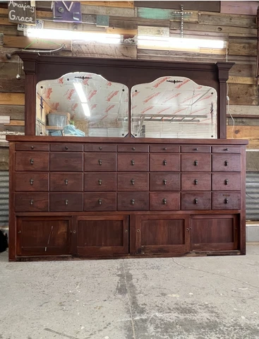 Antique Apothecary Cabinet medical 8’ long, 28 drawers with double mirror Cover