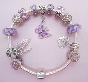 PANDORA SILVER CHARM BRACELET WITH PURPLE BUTTERFLY CRYSTAL CHARMS & GIFT BOX! - Picture 1 of 4