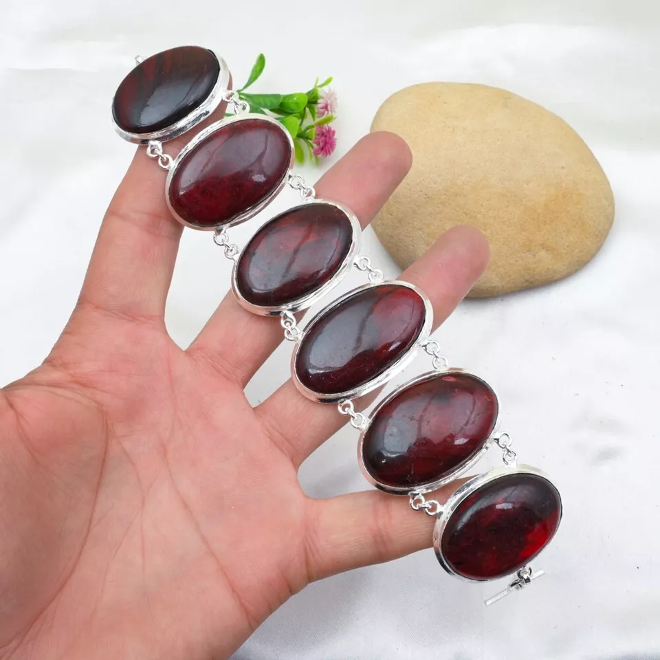 Red Flash Labradorite Chain Bracelet 925 Sterling Silver Handmade Jewelry Gift - Image 1 of 4