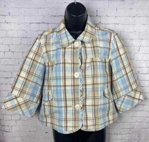 Chaqueta Puño Francés Pequeña Para Mujer Azul Marrón Cuadros Recortada 3 Botones (C32) - Imagen 1 de 8