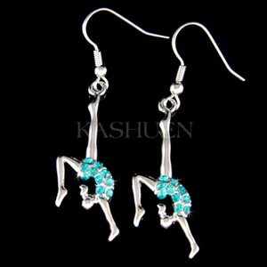 ~Teal Blue Gymnastic Gymnast made with Swarovski Crystal Acrobat Sports Earrings - Picture 1 of 1