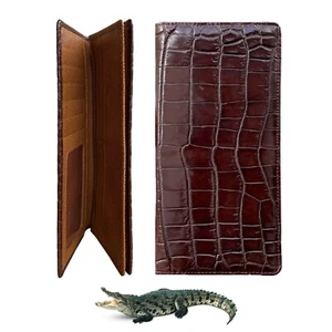 Brown Crocodile Leather Checkbook Long Wallet Luxury Genuine Skin Men's Wallet - Picture 1 of 12