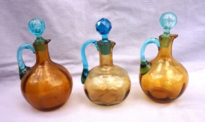 Portieux Amber Blue Hand Blown Glass George Sand Set3 Cruets Stopper - Picture 1 of 7