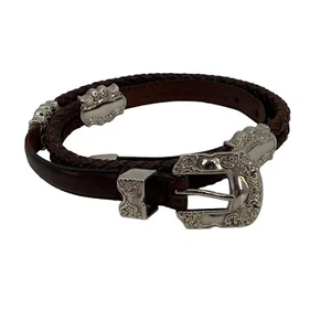 Western Women's Size M Brown Braided Leather Belt Embossed Metal Buckle - Picture 1 of 9