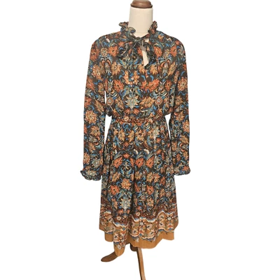 Vintage Grace Bros Prairie Dress Floral Brown Size Shirt Dress Linen Size 10-12 - image 1 of 4