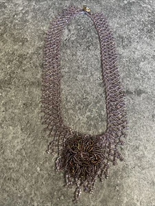 Hand Crafted Lavender Seed Beaded Gold Rhinestone Button 20" Necklace GAR4-8 - Picture 1 of 8