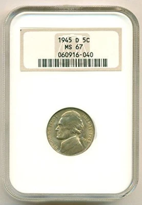 1945 D Jefferson Silver Nickel MS67 NGC - Image 1 of 2