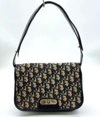 Auténtico bolso de hombro Christian Dior Trotter de lona x cuero azul marino con solapa NS111305 Foto 1 de 4