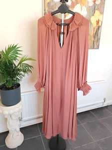 Anthropologie Langarm Rüschen Ausschnitt Mesh Transparent Plissee Langes Kleid Maxi - Bild 1 von 12