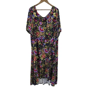 Terra & Sky Tropical Floral Midi Dress 2X Boho Stretch Knit Pockets Resortwear - Picture 1 of 13