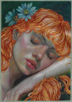 original drawing A4 144GK artwork gold, mixed media modern female portrait - Image 1 of 4